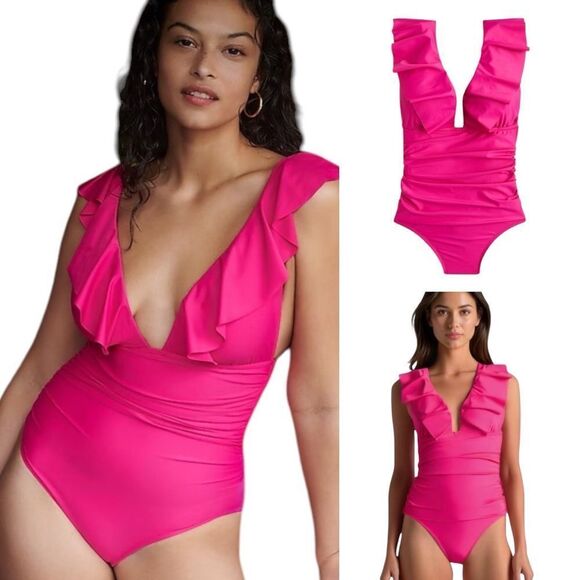 J Crew Radiant Fuchsia Ruffle V-Neck Ruched One Piece Swimsuit Sz 2 NWT - Picture 14 of 16